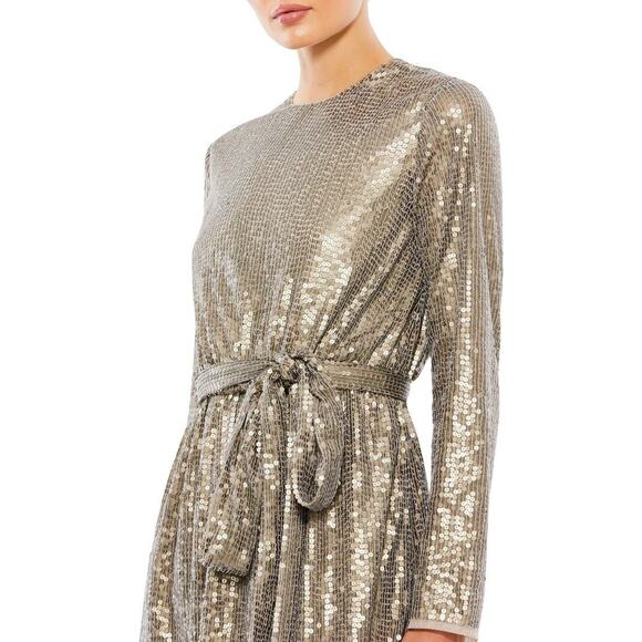 Mac Duggal Gold Sequin Embellish Long Sleeve High Neck Mini Dress Sz 8 $398 NYE - Picture 6 of 15